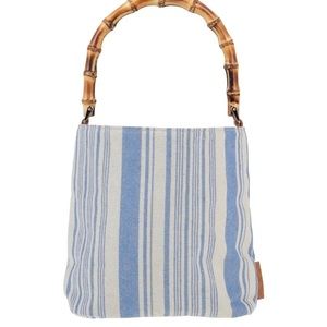 MIA Canvas Bucket Bag - Blue Stripes with Wood Handle - New